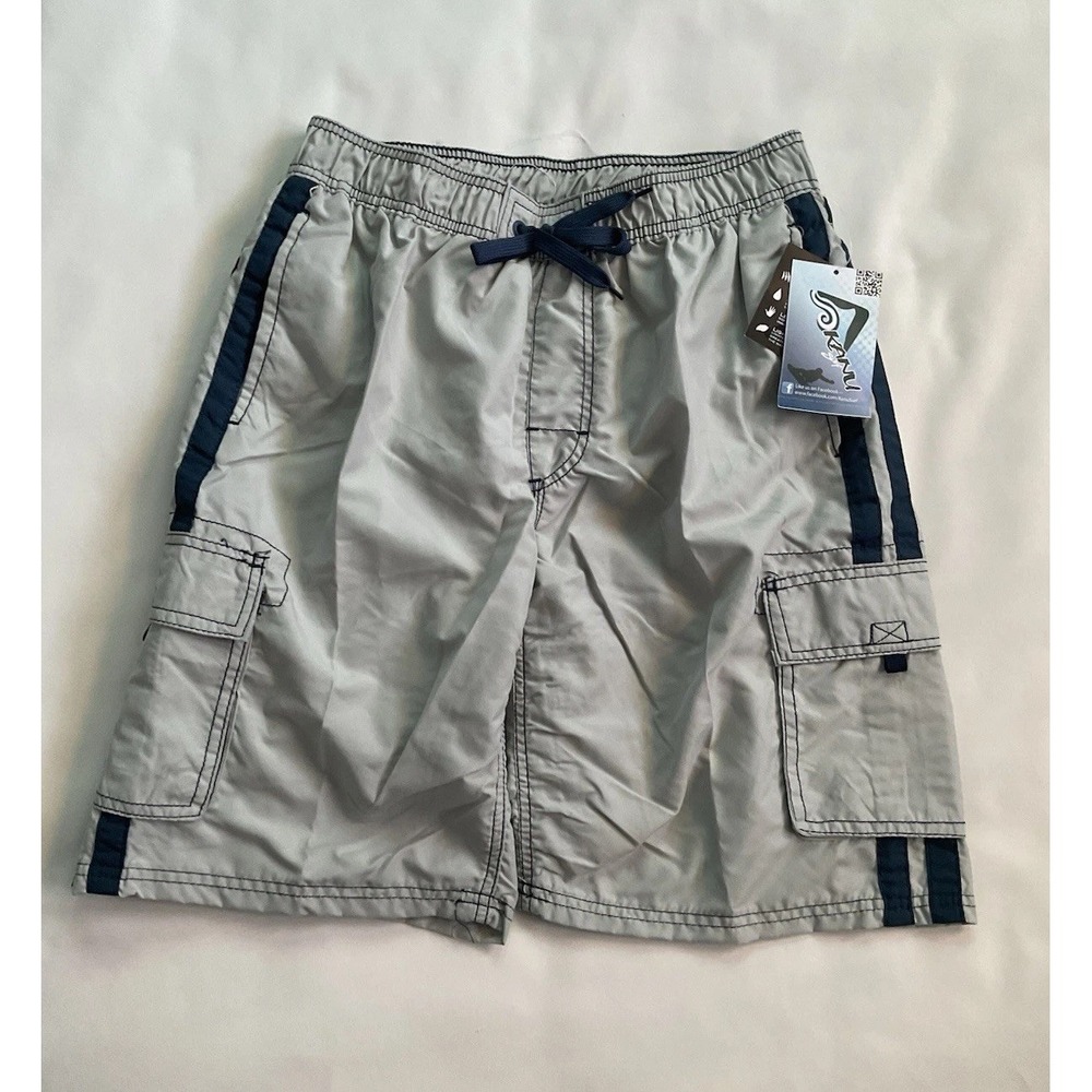 Kanu Surf Board Shorts Silver  Swim Beach Cargo Pockets Lined‎ Drawstring Size M